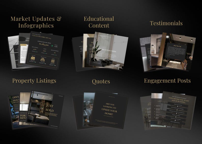 Peut inclure: Une collection de supports marketing sombres, comprenant des infographies, du contenu &eacute;ducatif, des t&eacute;moignages, des annonces immobili&egrave;res, des citations et des publications d'engagement. Chaque &eacute;l&eacute;ment pr&eacute;sente du texte dor&eacute; sur fond noir.