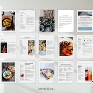 K&ouml;nnte beinhalten: Ein digitales Kochbuch mit Rezepten f&uuml;r verschiedene Gerichte, darunter ein Salat mit ger&ouml;stetem Gem&uuml;se, ein Pastagericht mit cremiger Sauce und ein Brath&auml;hnchen mit Gem&uuml;se. Das Kochbuch hat ein minimalistisches Design mit schwarzem Text auf wei&szlig;em Hintergrund.