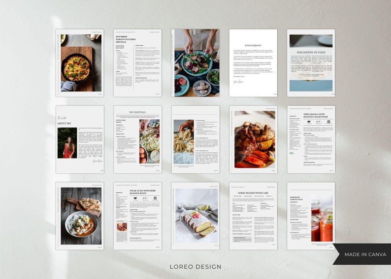 K&ouml;nnte beinhalten: Ein digitales Kochbuch mit Rezepten f&uuml;r verschiedene Gerichte, darunter ein Salat mit ger&ouml;stetem Gem&uuml;se, ein Pastagericht mit cremiger Sauce und ein Brath&auml;hnchen mit Gem&uuml;se. Das Kochbuch hat ein minimalistisches Design mit schwarzem Text auf wei&szlig;em Hintergrund.
