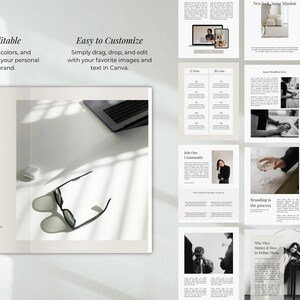 May include: A layout design with text that reads "Fully Editable" and "Easy to Customize". The image includes a laptop, sunglasses, and various design elements. The overall aesthetic is minimalist and modern, with a focus on design and branding.