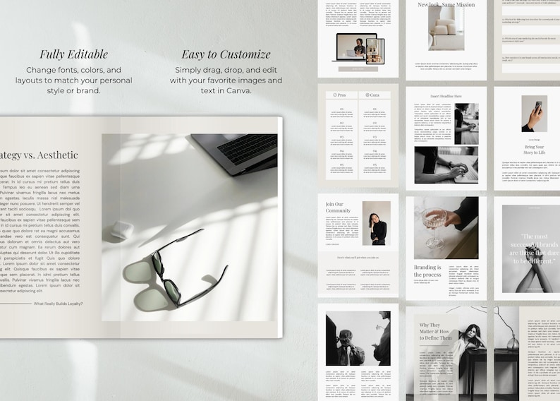 May include: A layout design with text that reads "Fully Editable" and "Easy to Customize". The image includes a laptop, sunglasses, and various design elements. The overall aesthetic is minimalist and modern, with a focus on design and branding.