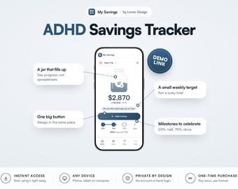 ADHD Savings Tracker App - Savings Goals | Sinking Funds | Process Tracking, Works Offline, No Subscription