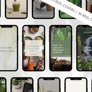 May include: Collection of phone screen mockups featuring wellness-themed content. The screens display text like "Self-Care Sunday Ideas" and "How to Create a Wellness Corner," along with images of food and nature scenes.