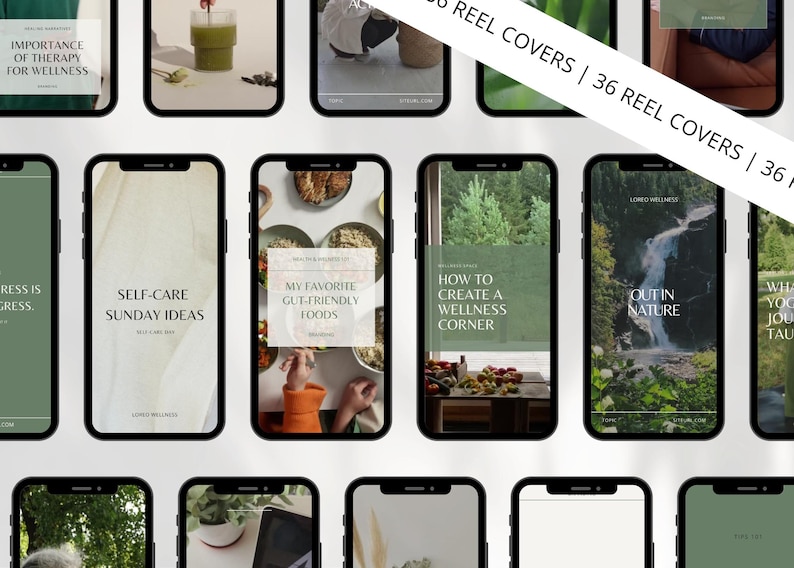 May include: Collection of phone screen mockups featuring wellness-themed content. The screens display text like "Self-Care Sunday Ideas" and "How to Create a Wellness Corner," along with images of food and nature scenes.