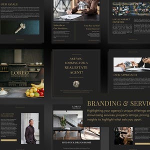 Peut inclure: Ensemble de supports marketing immobiliers sur fond sombre. Les images incluent du texte tel que &laquo; Nos objectifs &raquo;, &laquo; Expertise du march&eacute; local &raquo; et &laquo; Branding & Services &raquo;. Le design est &eacute;pur&eacute; et professionnel, avec des accents dor&eacute;s.