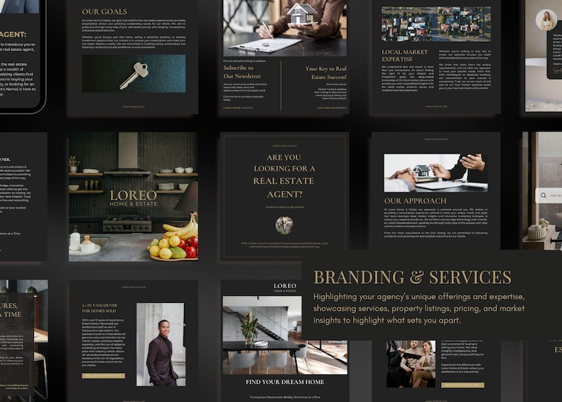 Peut inclure: Ensemble de supports marketing immobiliers sur fond sombre. Les images incluent du texte tel que &laquo; Nos objectifs &raquo;, &laquo; Expertise du march&eacute; local &raquo; et &laquo; Branding & Services &raquo;. Le design est &eacute;pur&eacute; et professionnel, avec des accents dor&eacute;s.