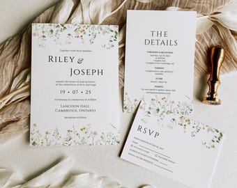 Minimalist Wedding Invitation Template Suite , RSVP Card QR code, Details Cards, Canva Template, Elegant Modern Wedding Invite, Wildflower
