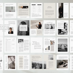 May include: A collection of design templates with text and images. The pages feature headings like "Branding Program" and "Visual Identity." The color palette is neutral, with shades of beige, gray, and black. Some pages include charts and graphs.