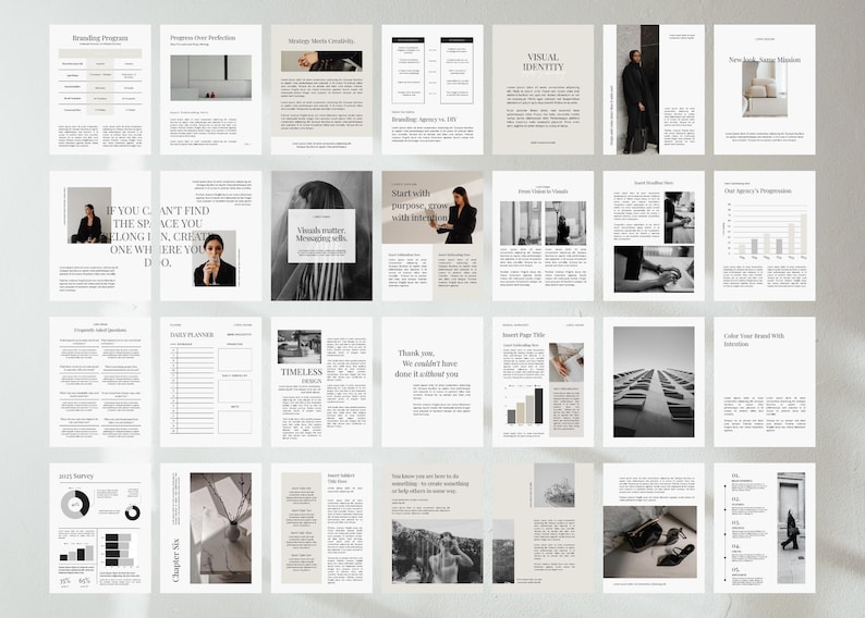 May include: A collection of design templates with text and images. The pages feature headings like "Branding Program" and "Visual Identity." The color palette is neutral, with shades of beige, gray, and black. Some pages include charts and graphs.