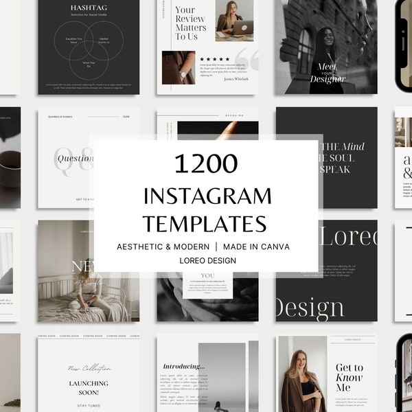 1200 Instagram-Vorlagen - Ästhetik | Modern | minimal | Neutral | Black & White - Post - Stories - Business - Instagram Templates Canva