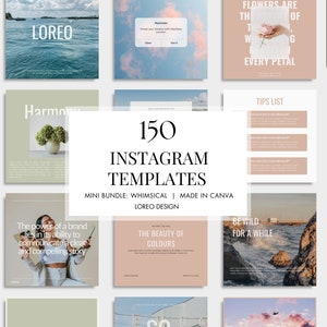 Może przedstawiać: Zbiór 150 szablonów do Instagram do użycia w Canva. Szablony są zaprojektowane w fantazyjnym stylu i charakteryzują się różnorodnością kolorów i wzorów. Tekst "150 szablonów do Instagram" jest wyświetlany dużą czcionką na białym tle. Tekst "Mini Bundle: Whimsical | Made in Canva" jest wyświetlany mniejszą czcionką pod głównym tekstem. Tekst "Loreo Design" jest wyświetlany najmniejszą czcionką pod pozostałymi tekstami.