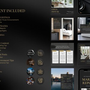 Peut inclure: Graphique sombre et &eacute;l&eacute;gant avec du contenu marketing immobilier. L'image comprend du texte tel que &laquo; Contenu inclus &raquo;, &laquo; Annonces immobili&egrave;res &raquo;, &laquo; Mises &agrave; jour du march&eacute; &raquo; et &laquo; Rapport de march&eacute; &raquo;. La conception pr&eacute;sente un code couleur noir et or.