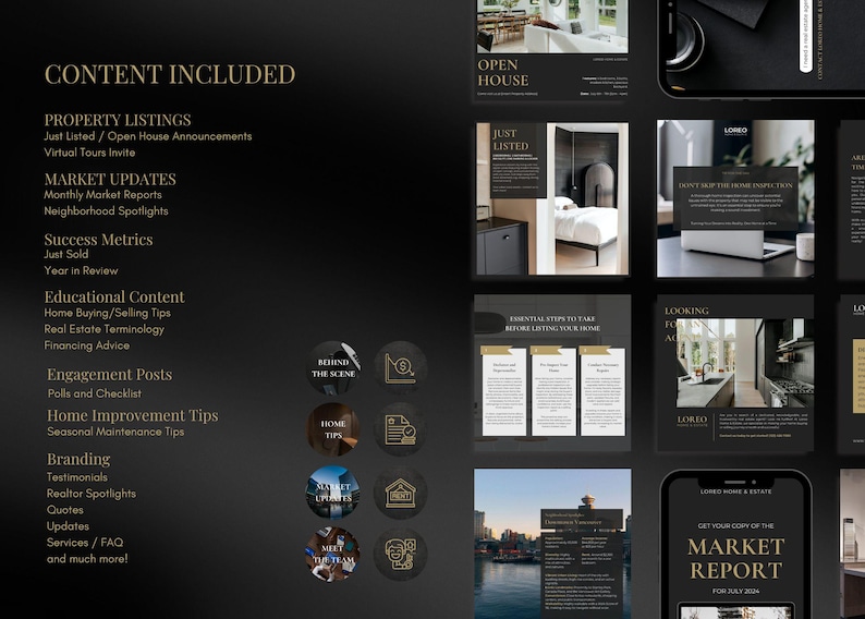 Peut inclure: Graphique sombre et &eacute;l&eacute;gant avec du contenu marketing immobilier. L'image comprend du texte tel que &laquo; Contenu inclus &raquo;, &laquo; Annonces immobili&egrave;res &raquo;, &laquo; Mises &agrave; jour du march&eacute; &raquo; et &laquo; Rapport de march&eacute; &raquo;. La conception pr&eacute;sente un code couleur noir et or.