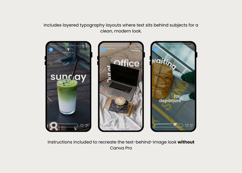 May include: Three smartphone screens displaying layered typography layouts. One shows a matcha drink with the word "sunday". Another features a laptop and coffee with "Office". The last shows a bag with "waiting for departure".