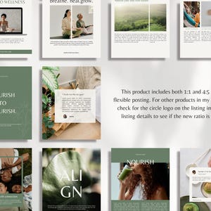 May include: A collection of social media templates in shades of green and white, promoting wellness. The templates include text such as "A Guide to Wellness", "Nourish to Flourish", and "Align". The product includes both 1:1 and 4:5 ratios.