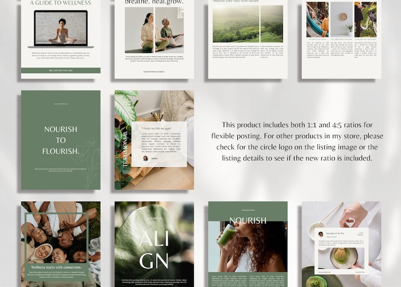May include: A collection of social media templates in shades of green and white, promoting wellness. The templates include text such as "A Guide to Wellness", "Nourish to Flourish", and "Align". The product includes both 1:1 and 4:5 ratios.