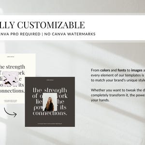 May include: A promotional image with the text "FULLY CUSTOMIZABLE" and "NO CANVA PRO REQUIRED | NO CANVA WATERMARKS". It showcases editable templates with text and images, highlighting design flexibility for branding.