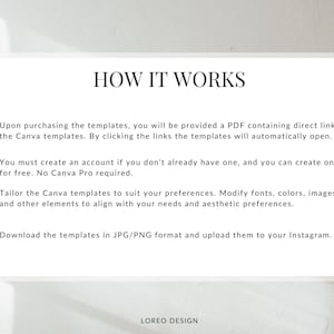 May include: White background with the text "HOW IT WORKS" in black. The text explains the steps to use Canva templates: purchasing, creating an account, tailoring the templates, and downloading in JPG/PNG format for Instagram. The Loreo Design logo is at the bottom.