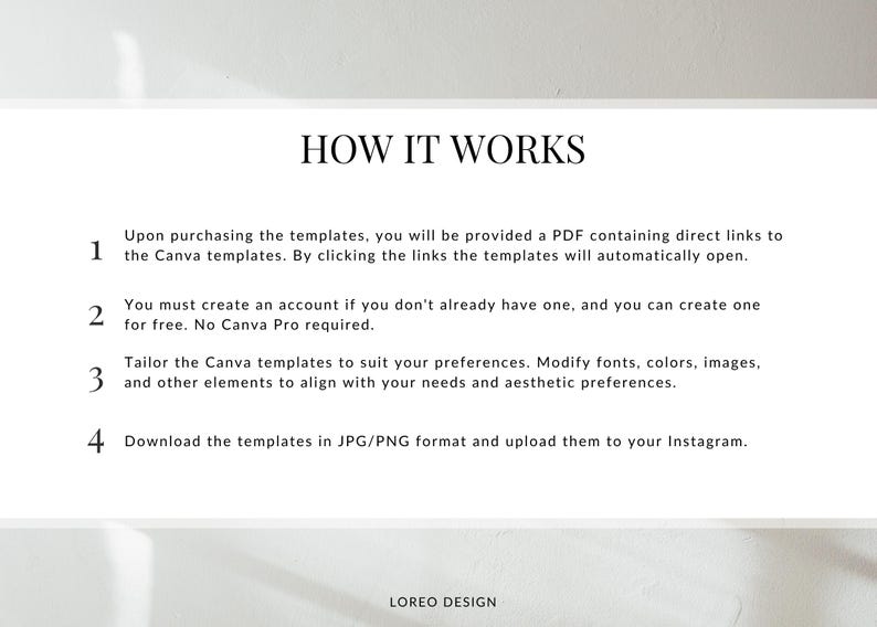 May include: White background with the text "HOW IT WORKS" in black. The text explains the steps to use Canva templates: purchasing, creating an account, tailoring the templates, and downloading in JPG/PNG format for Instagram. The Loreo Design logo is at the bottom.