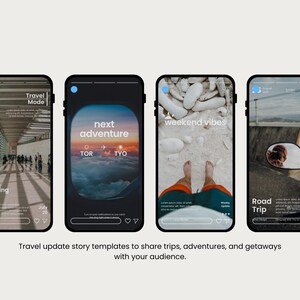 May include: Four smartphone screens displaying travel-themed story templates. The screens show images with text overlays like "Travel Mode," "Next Adventure," "Weekend Vibes," and "Road Trip." The text at the bottom reads: "Travel update story templates..."