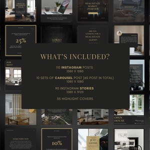Peut inclure: Ensemble de mod&egrave;les de publications Instagram avec un fond sombre et du texte dor&eacute;. L'image comprend des mod&egrave;les pour le marketing immobilier, avec du texte tel que "Vendu", "&Agrave; louer" et "Portes ouvertes". L'image comprend &eacute;galement le texte "Ce qui est inclus ?".