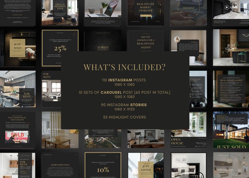 Peut inclure: Ensemble de mod&egrave;les de publications Instagram avec un fond sombre et du texte dor&eacute;. L'image comprend des mod&egrave;les pour le marketing immobilier, avec du texte tel que "Vendu", "&Agrave; louer" et "Portes ouvertes". L'image comprend &eacute;galement le texte "Ce qui est inclus ?".