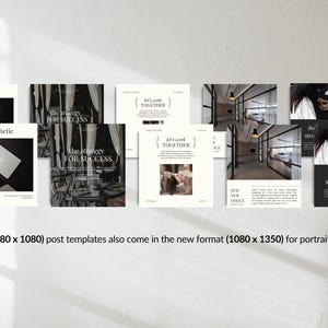 May include: A collection of social media post templates in a minimalist style. The templates feature text overlays such as "Brand Aesthetic", "The strategy for success", and "Let's work TOGETHER". The image includes a laptop, interior design photos, and text: "Bold ideas build strong businesses."