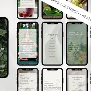 May include: A collection of smartphone screens displaying wellness-themed content. The screens feature text like "A Sip of Wellness", "weekend self-care tips", and "Healthy Grocery Habits". The overall aesthetic is clean and modern, with a focus on natural elements.