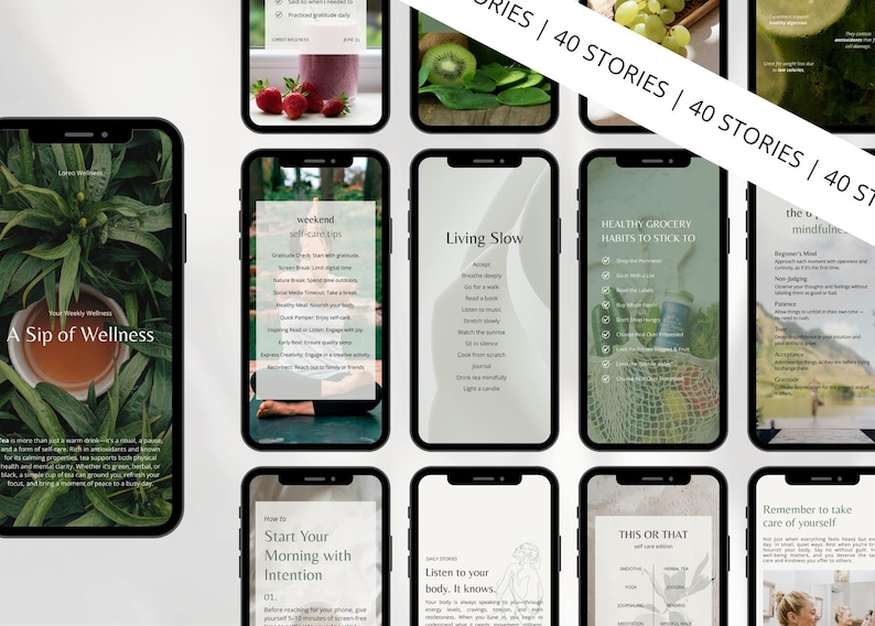 May include: A collection of smartphone screens displaying wellness-themed content. The screens feature text like "A Sip of Wellness", "weekend self-care tips", and "Healthy Grocery Habits". The overall aesthetic is clean and modern, with a focus on natural elements.