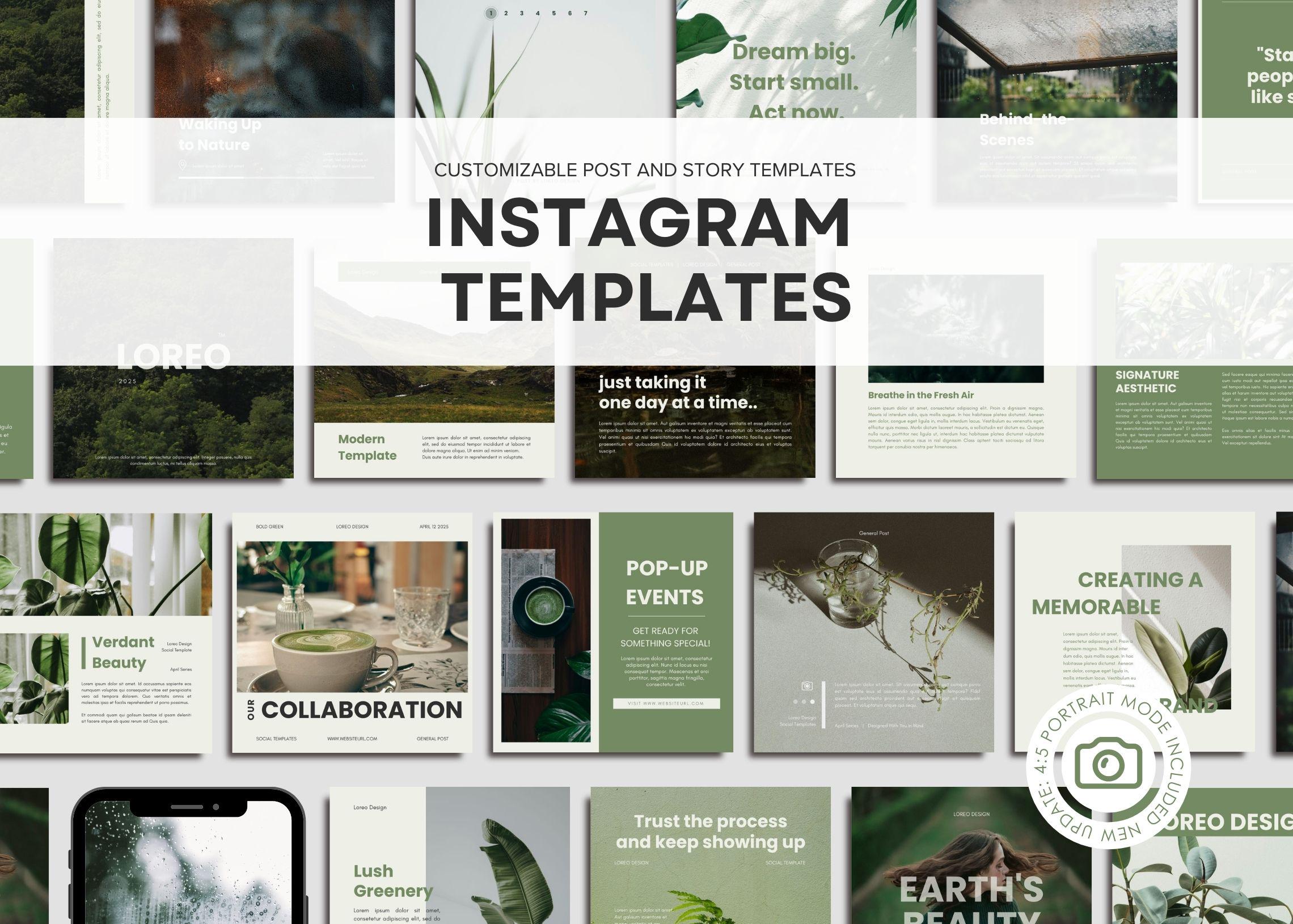Instagram Templates - Instagram Templates Canva - Modern Instagram - 85 Posts & Stories Template - Portrait Instagram - Green Theme