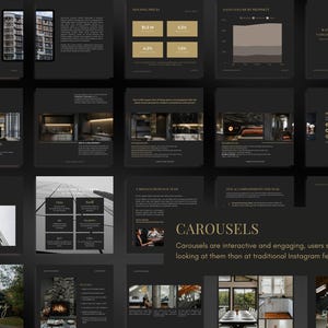 Peut inclure: Une s&eacute;rie de diapositives de carrousel Instagram sur le th&egrave;me sombre, affichant des donn&eacute;es sur le march&eacute; immobilier et des images de design d'int&eacute;rieur. Les diapositives comprennent du texte tel que "The Housing Market Report" et "Year in Review."