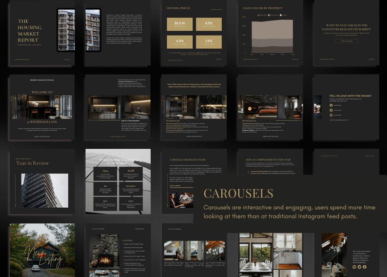 Peut inclure: Une s&eacute;rie de diapositives de carrousel Instagram sur le th&egrave;me sombre, affichant des donn&eacute;es sur le march&eacute; immobilier et des images de design d'int&eacute;rieur. Les diapositives comprennent du texte tel que "The Housing Market Report" et "Year in Review."