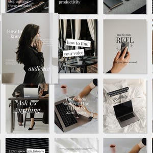 Puede incluir: Una colección de imágenes con texto relacionado con la creación de contenido y las redes sociales. Las imágenes incluyen texto como "Cómo conocer a tu audiencia", "Cómo crear REEL" y "Visibilidad". Otras imágenes muestran computadoras portátiles y cuadernos.