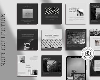 Puede incluir: Una colección de plantillas de publicaciones de Instagram en blanco y negro con superposiciones de texto. Las plantillas presentan varias imágenes, que incluyen una ciudad, una persona caminando por una escalera y una taza de café. Las superposiciones de texto incluyen frases como "Atemporal", "Define tu propio estilo" y "Sigue adelante".