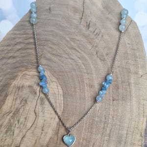 Aquamarine necklace in 925 silver – set heart and natural stones – stone of communication and serenity – handmade jewelry – lithotherapy
