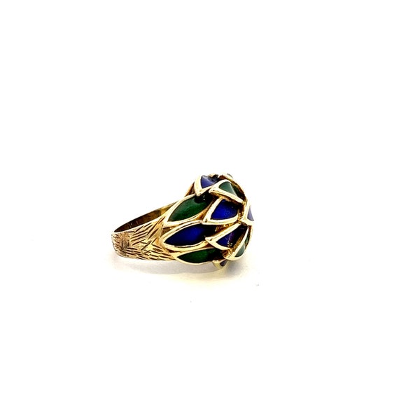 Vintage Blue & Green Enamel 14k Gold Ring - image 2