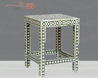 Handmade Bone Inlay Wooden Floral Pattern End table, Side Table, Square End Table, Sofa Table Furniture