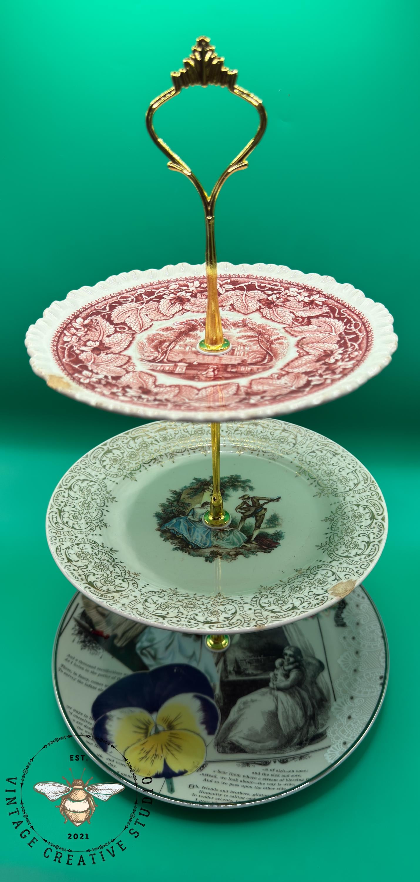 食器  vintage 3tier cakestand Vintage 3-tier Cake Stand (with 22KT Gold Inlay) - Etsy