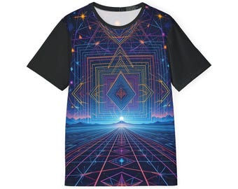 Camiseta Geometria Sagrada, Estampa Galáxia Cósmica, Roupa para Festival Rave