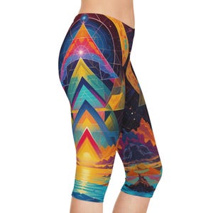 Geometric Print Capri Leggings, Festival Clothing, Bright Colorful Women&#39;s Leggings, Summer Yoga Pants, Workout Tights