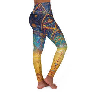Colorful Sacred Geometry Leggings, Psychedelic Rave Festival Wear, Women&#39;s Boho Chic High Waisted Leggings, Fun Beachwear Pants, Retro Yoga