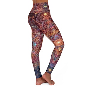 Colorful Sacred Geometry Leggings, Psychedelic Rave Festival Wear, Women&#39;s Boho Chic High Waisted Leggings, Fun Mandala Pants, Retro Yoga