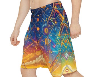 Può includere: Un paio di pantaloncini sportivi blu, gialli e arancioni con un design geometrico. I pantaloncini hanno una cintura elastica con coulisse e una vestibilità rilassata.