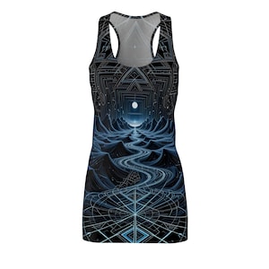 Sacred Geometry Dress, Racerback Boho Summer Dress, Festival Wear, Aesthetic Beach cover up, Goa Rave outfit, Trippy Casual festival Dress