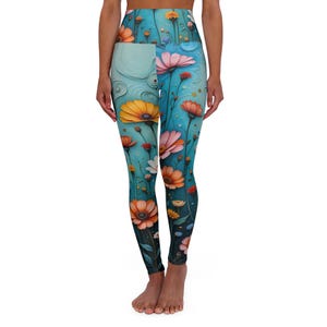 Colorful Floral High Waisted Yoga Leggings, Artsy Flower Pants, Fun Yoga Legging, Stretchy Workout Leggings, Bright Patterned Leggings,