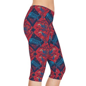 Neon Tiger Capri Leggings, Festival Clothing, Bright Colorful Women&#39;s Leggings, Summer Yoga Pants, Geomtric Print Workout Tights