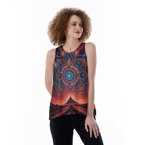 May include: Sleeveless tank top with a vibrant, geometric design featuring a central star-like shape, intricate patterns, and a landscape with a mountain and road. The color palette includes blues, oranges, and reds.