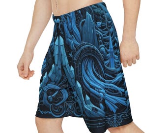 Può includere: Pantaloncini blu e neri con un design astratto dettagliato. Il motivo presenta forme geometriche e linee fluide in tonalità di blu su sfondo nero. I pantaloncini sembrano essere realizzati in un materiale leggero, adatto all'abbigliamento casual.