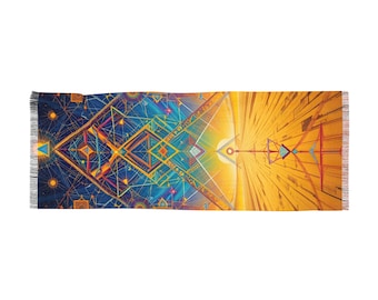 Peut inclure: Une tapisserie colorée avec un motif géométrique dans des tons de bleu, jaune, orange et rouge. Le motif présente une forme de diamant centrale avec des lignes et des motifs complexes. La tapisserie a une bordure frangée.