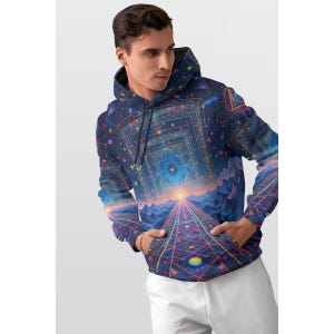 May include: A navy blue hoodie with a vibrant, geometric design featuring a pathway leading to a sunset. The design incorporates stars, triangles, and a spectrum of colors, including blue, purple, and yellow. The hoodie has a drawstring hood and a front pocket.